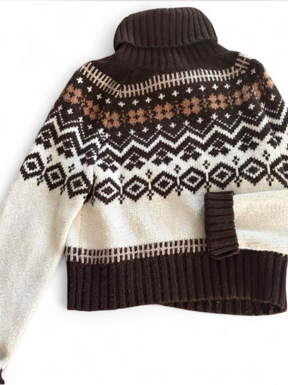 American Eagle Outfitters Brown and Cream Fair Isle Turtleneck Sweater